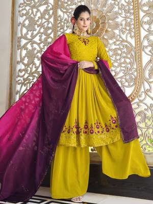 Yellow THREAD AND SEQUINCE EMBROIDERED WORK GEORGETTE ANARKALI LONG SALWAR SUIT DUPATTA STITCHED GOWN 1