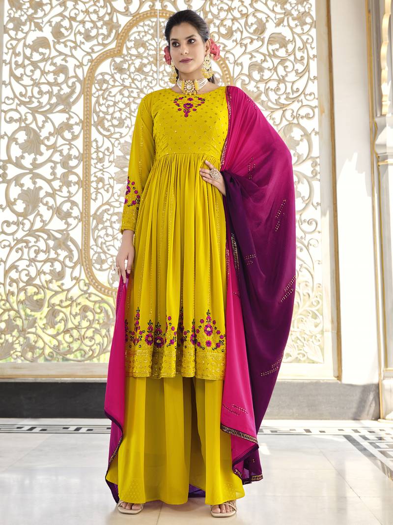 Yellow THREAD AND SEQUINCE EMBROIDERED WORK GEORGETTE ANARKALI LONG SALWAR SUIT DUPATTA STITCHED GOWN