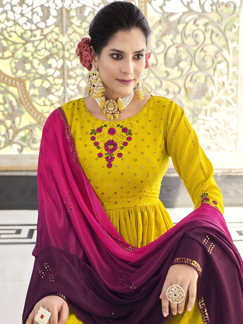 Yellow THREAD AND SEQUINCE EMBROIDERED WORK GEORGETTE ANARKALI LONG SALWAR SUIT DUPATTA STITCHED GOWN