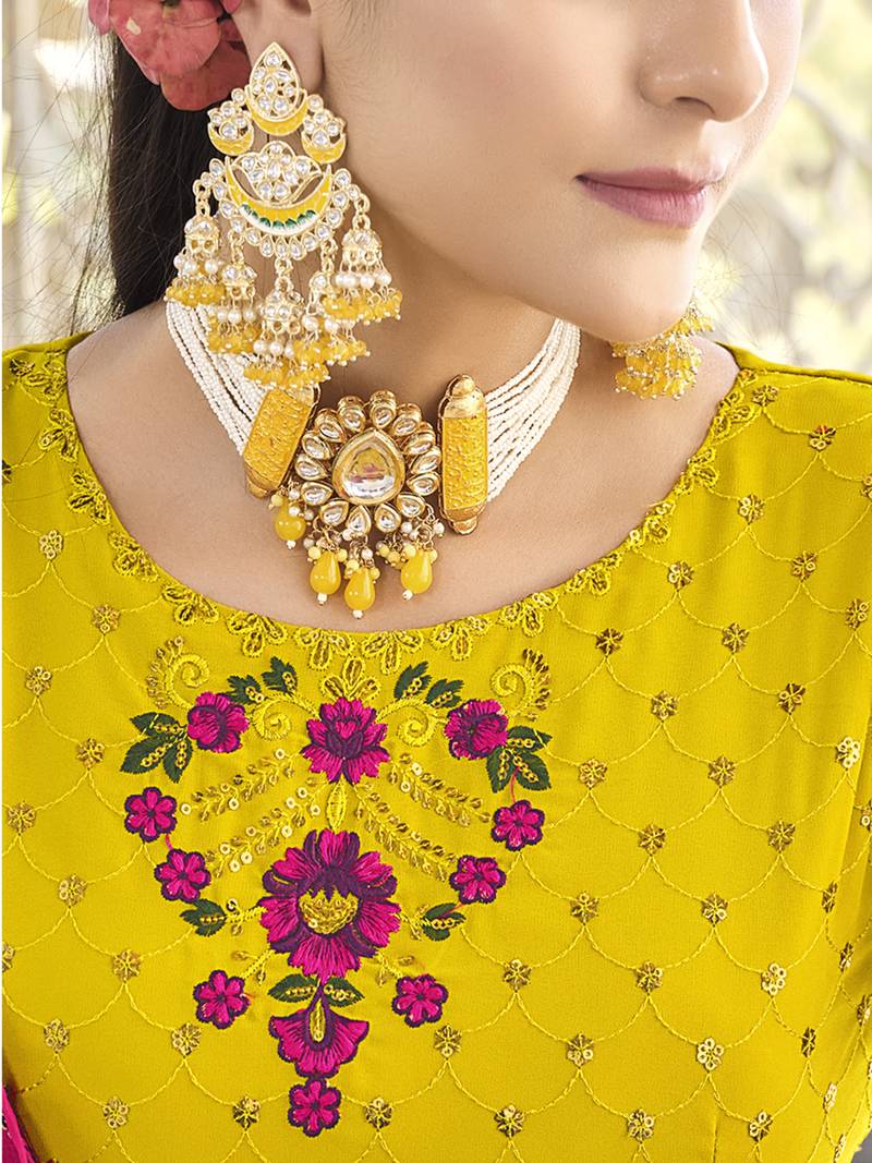 Yellow THREAD AND SEQUINCE EMBROIDERED WORK GEORGETTE ANARKALI LONG SALWAR SUIT DUPATTA STITCHED GOWN