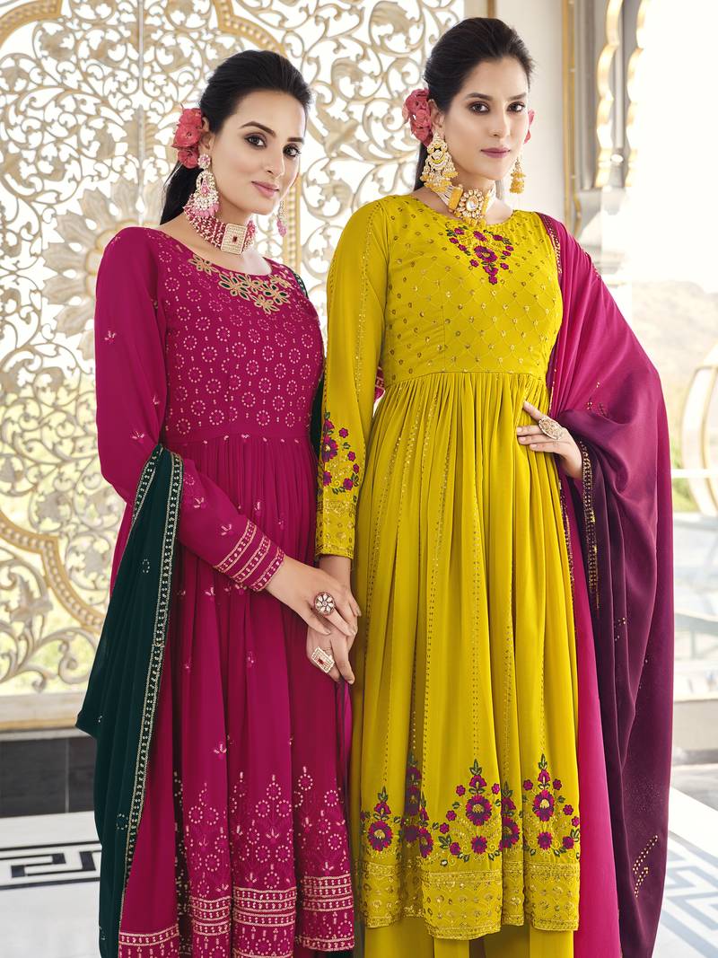 Yellow THREAD AND SEQUINCE EMBROIDERED WORK GEORGETTE ANARKALI LONG SALWAR SUIT DUPATTA STITCHED GOWN
