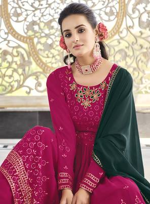 RANI PINK THREAD AND SEQUINCE EMBROIDERED WORK GEORGETTE ANARKALI LONG SALWAR SUIT DUPATTA STITCHED GOWN 3