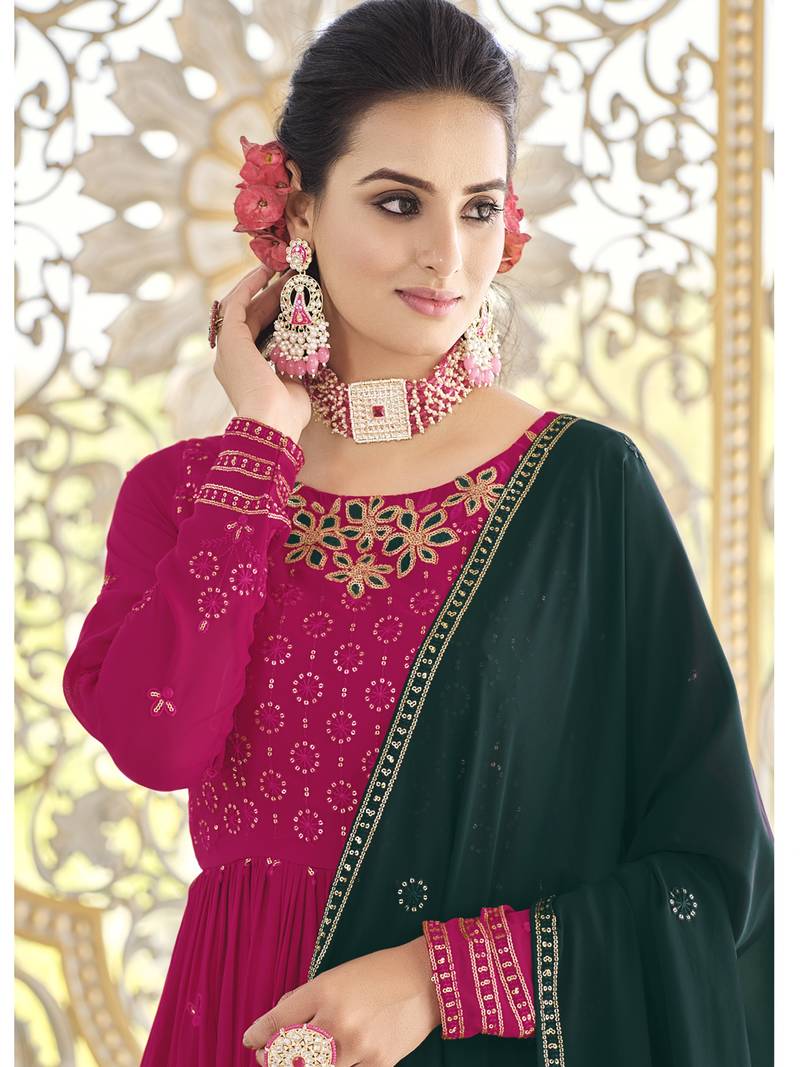 RANI PINK THREAD AND SEQUINCE EMBROIDERED WORK GEORGETTE ANARKALI LONG SALWAR SUIT DUPATTA STITCHED GOWN