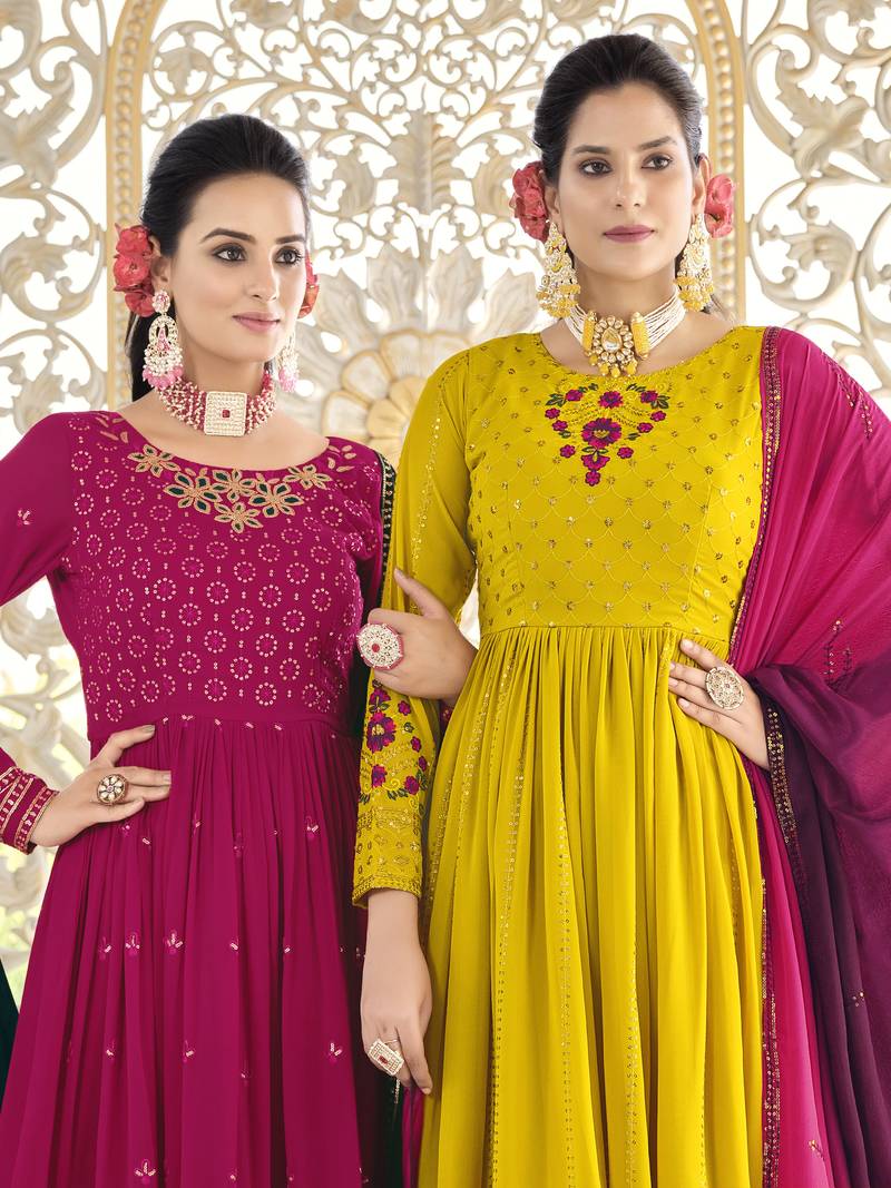 RANI PINK THREAD AND SEQUINCE EMBROIDERED WORK GEORGETTE ANARKALI LONG SALWAR SUIT DUPATTA STITCHED GOWN