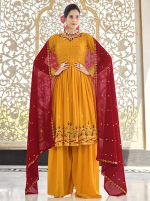 MUSTARD YELLOW THREAD AND SEQUINCE EMBROIDERED WORK GEORGETTE ANARKALI LONG SALWAR SUIT DUPATTA STITCHED GOWN 1