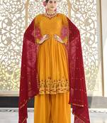MUSTARD YELLOW THREAD AND SEQUINCE EMBROIDERED WORK GEORGETTE ANARKALI LONG SALWAR SUIT DUPATTA STITCHED GOWN