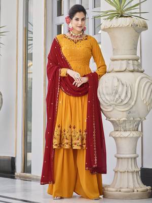 MUSTARD YELLOW THREAD AND SEQUINCE EMBROIDERED WORK GEORGETTE ANARKALI LONG SALWAR SUIT DUPATTA STITCHED GOWN 2