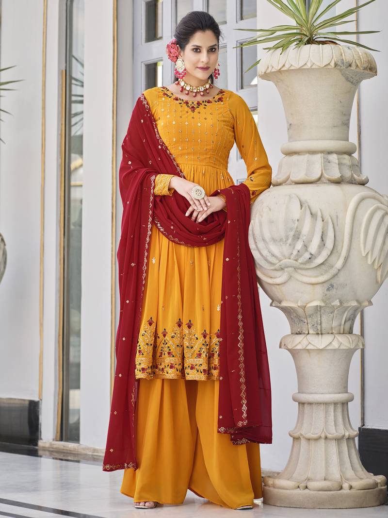 MUSTARD YELLOW THREAD AND SEQUINCE EMBROIDERED WORK GEORGETTE ANARKALI LONG SALWAR SUIT DUPATTA STITCHED GOWN