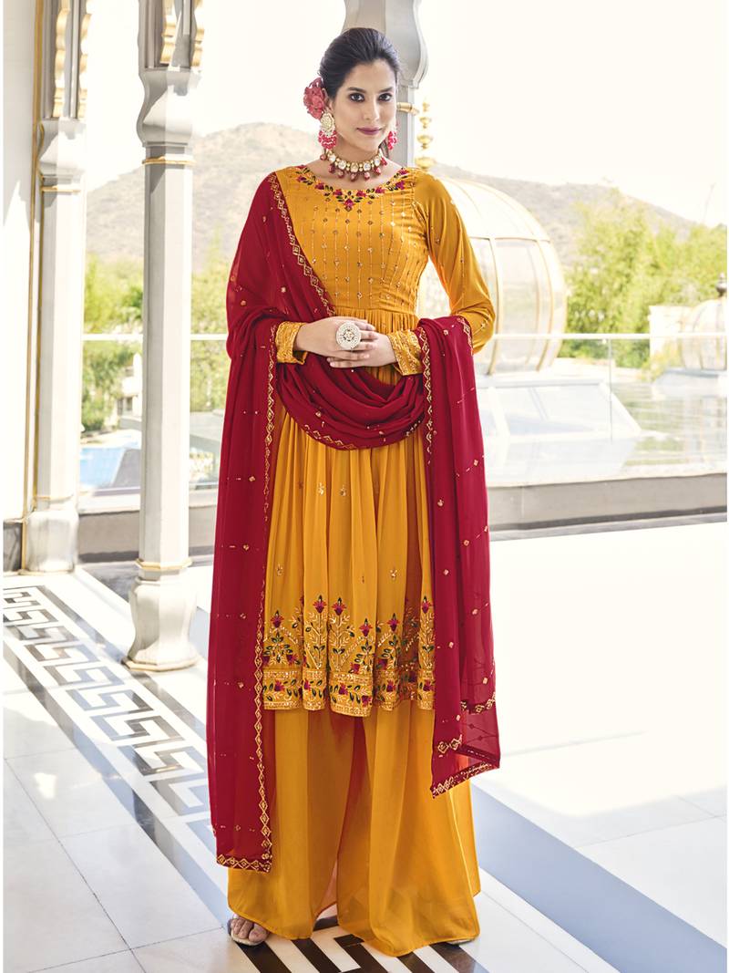 MUSTARD YELLOW THREAD AND SEQUINCE EMBROIDERED WORK GEORGETTE ANARKALI LONG SALWAR SUIT DUPATTA STITCHED GOWN