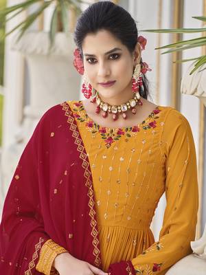 MUSTARD YELLOW THREAD AND SEQUINCE EMBROIDERED WORK GEORGETTE ANARKALI LONG SALWAR SUIT DUPATTA STITCHED GOWN 4