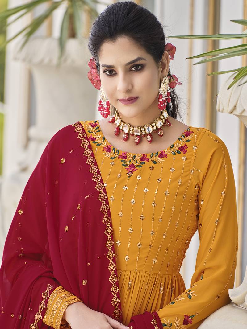 MUSTARD YELLOW THREAD AND SEQUINCE EMBROIDERED WORK GEORGETTE ANARKALI LONG SALWAR SUIT DUPATTA STITCHED GOWN
