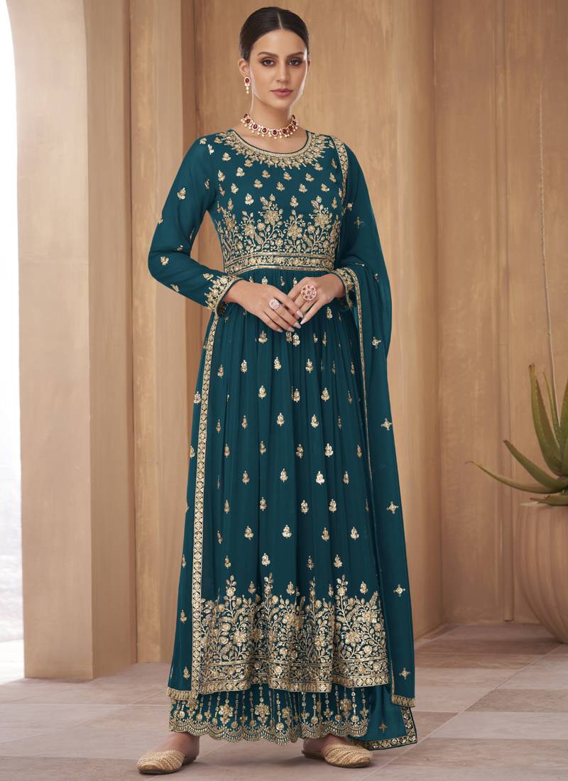 Teal Georgette Pakistani Salwar Kameez - Vegaa Fashion - 4138902