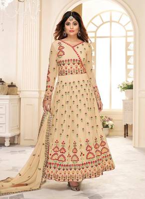 Beige embroidered georgette salwar kameez 1