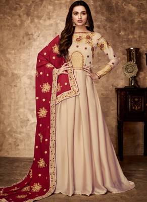 Cream embroidered satin salwar kameez 1