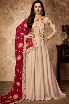 Cream embroidered satin salwar kameez