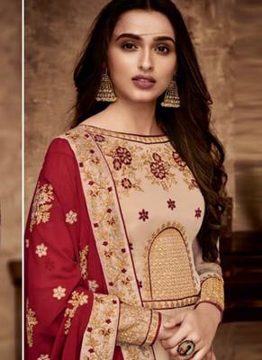 Cream embroidered satin salwar kameez 2