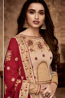 Cream embroidered satin salwar kameez