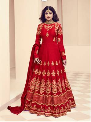 Red embroidered silk salwar kameez 1
