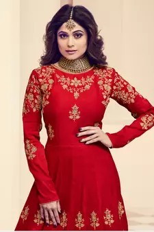 Red embroidered silk salwar kameez