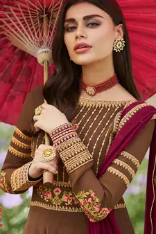 Brown embroidered georgette salwar kameez