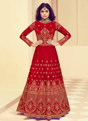Red embroidered silk salwar kameez 1