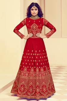 Red embroidered silk salwar kameez