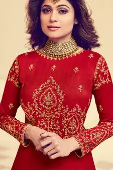Red embroidered silk salwar kameez