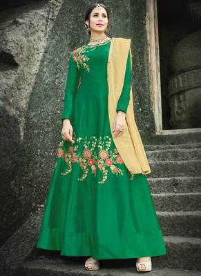 Green embroidered silk salwar kameez 1