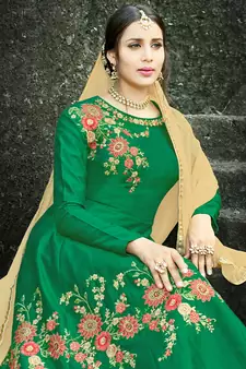 Green embroidered silk salwar kameez