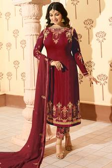 Maroon embroidered georgette salwar kameez