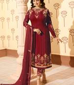 Maroon embroidered georgette salwar kameez