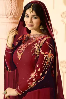 Maroon embroidered georgette salwar kameez