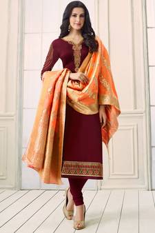 Maroon embroidered georgette salwar kameez