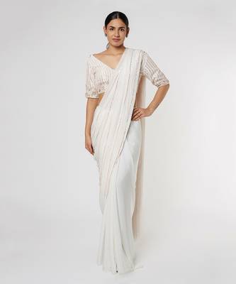 WHITE EMBROIDERED SAREE SET 1