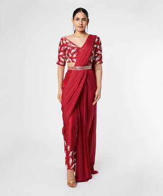 CANDY RED EMBROIDERED SAREE WITH BELT 1
