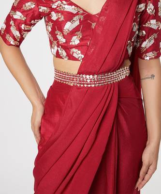 CANDY RED EMBROIDERED SAREE WITH BELT 3