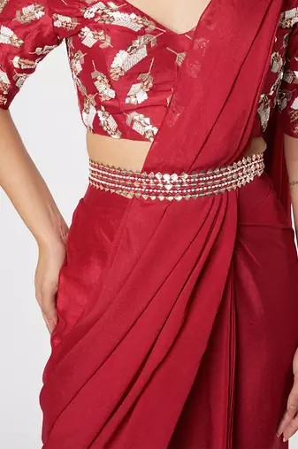 CANDY RED EMBROIDERED SAREE WITH BELT