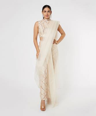 GOLDEN EMBROIDERED PANT SAREE WITH CAPE 1