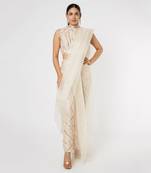 GOLDEN EMBROIDERED PANT SAREE WITH CAPE