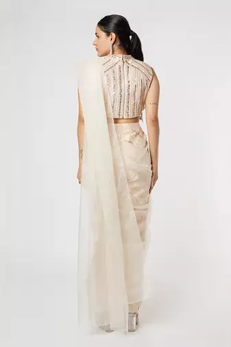 GOLDEN EMBROIDERED PANT SAREE WITH CAPE