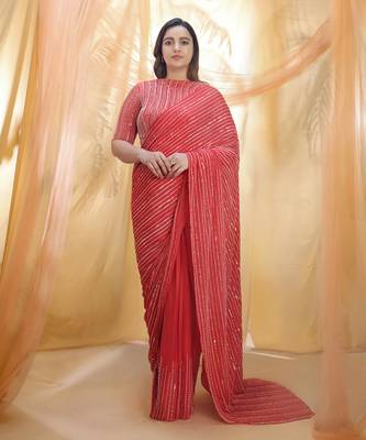 Hot red saree with elbow sleeve blouse 1