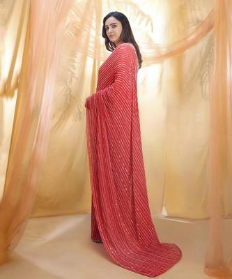 Hot red saree with elbow sleeve blouse 2