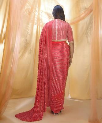 Hot red saree with elbow sleeve blouse 3