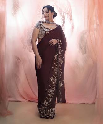 WIne embroidered saree with collar blouse 1