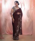 WIne embroidered saree with collar blouse