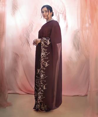 WIne embroidered saree with collar blouse 2