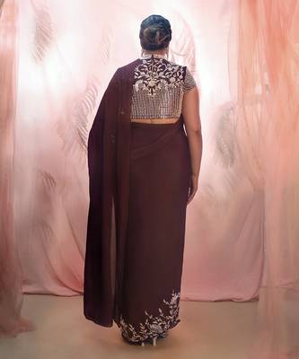 WIne embroidered saree with collar blouse 3