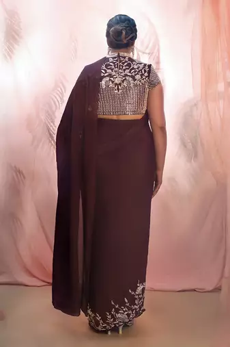 WIne embroidered saree with collar blouse