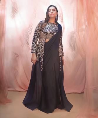 Navy Blue Jacket Saree set 1