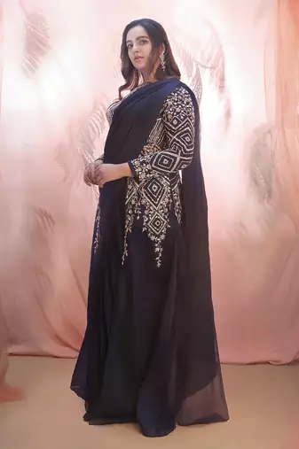Navy Blue Jacket Saree set
